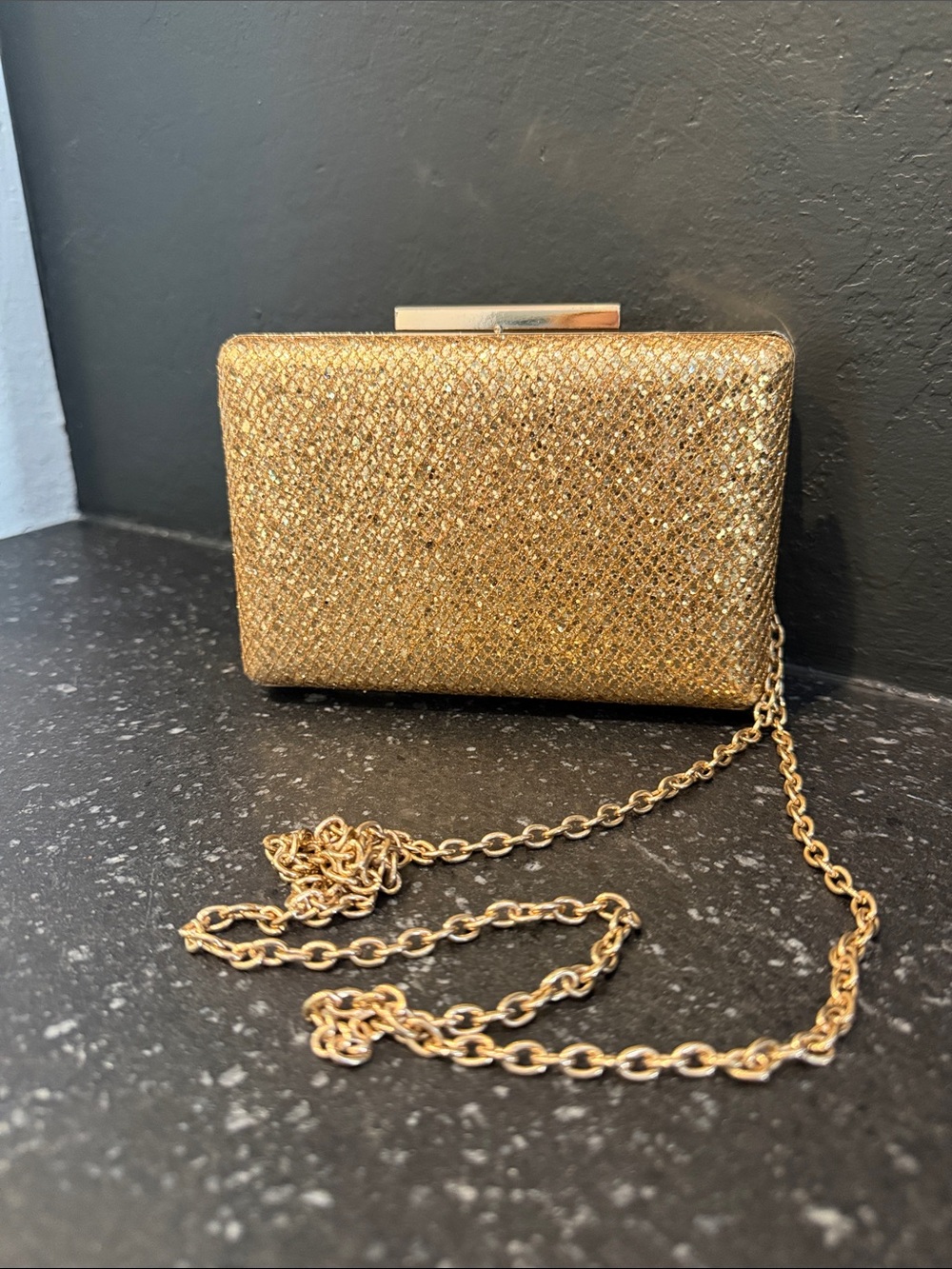 Gold Glitter Box Clutch Evening Bag with Chain